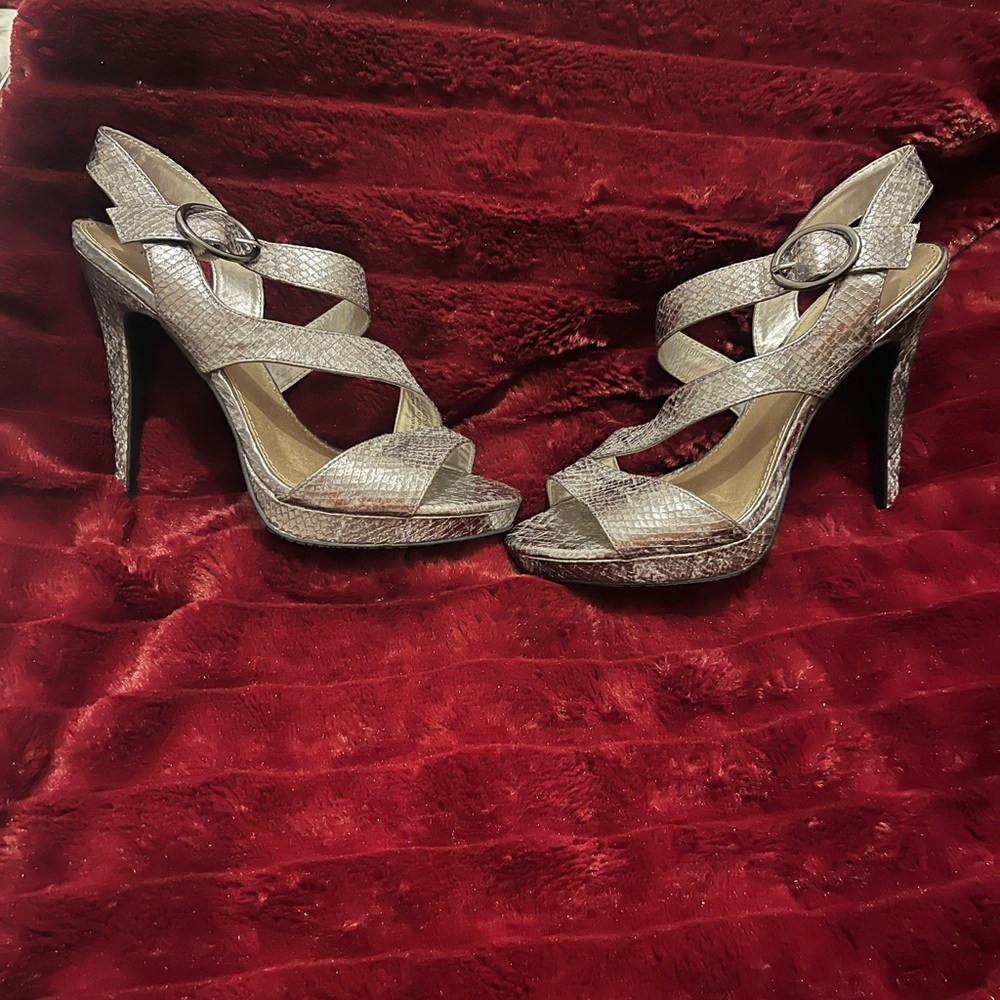 Silver snakeskin heels